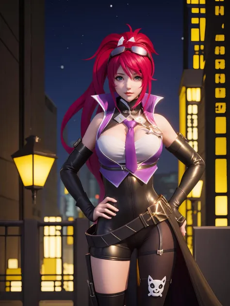 WZRYsunshangxiangSSBTL, 1girl, solo, long hair, breasts, goggles on head,ponytail, necktie, red hair,belt, green eyes,thigh boots, bare shoulders, black gloves, looking at viewer,<lora:WZRYsunshangxiangSSBTL:0.75>,cityscape, night,mature female, hand on hip,