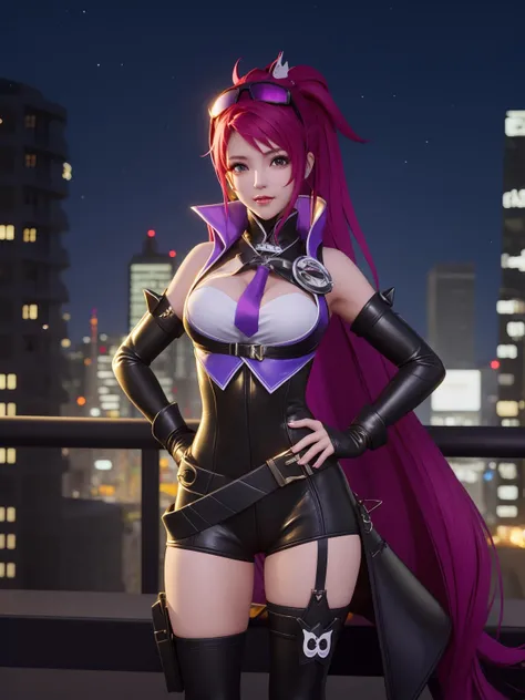 WZRYsunshangxiangSSBTL, 1girl, solo, long hair, breasts, goggles on head,ponytail, necktie, red hair,belt, green eyes,thigh boots, bare shoulders, black gloves, looking at viewer,<lora:WZRYsunshangxiangSSBTL:0.75>,cityscape, night,mature female, hand on hip,