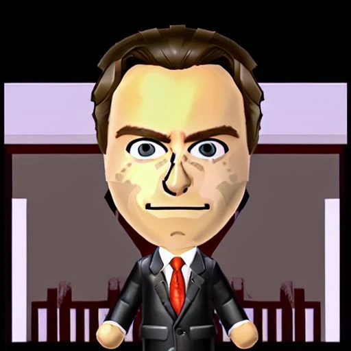 Nintendo mii, modern_mii, (Patrick Bateman:1.2), wearing a black suit with a red tie, 1boy, smile,  <lora:Patrick Bateman 100:.7>