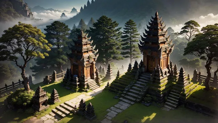 from above, landscape, baligapura gate, stone statue, wall stone, village, stone stairs, yellow cloth, detailed, ornament, bali, tree, grass, flower, frangipani flower tree, epic, dawn, night, moon, yellow light lamp, fog, dramatic lighting, dim light, bokeh, <lora:ARWBaliGapura:1> <lora:epi_noiseoffset2:0.4> advntr