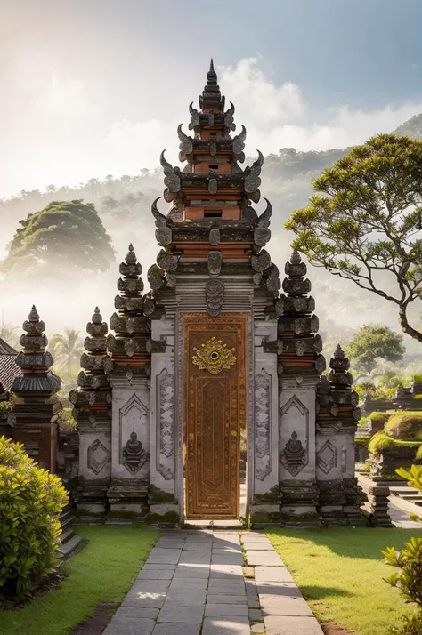 landscape, baligapura gate, stone statue, wall stone, village, detailed, ornament, bali, tree, grass, flower, frangipani flower tree, epic, dawn, fog, dramatic lighting, dim light, bokeh, <lora:ARWBaliGapura:1> <lora:epi_noiseoffset2:0.4> advntr