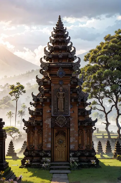 landscape, baligapura gate, stone statue, wall stone, village, detailed, ornament, bali, tree, grass, flower, frangipani flower tree, epic, dawn, fog, dramatic lighting, dim light, bokeh, <lora:ARWBaliGapura:1> <lora:epi_noiseoffset2:0.4> advntr
