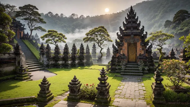 from above, landscape, baligapura gate, stone statue, wall stone, village, stone stairs, yellow cloth, detailed, ornament, bali, tree, grass, flower, frangipani flower tree, epic, dawn, night, moon, yellow light lamp, fog, dramatic lighting, dim light, bokeh, <lora:ARWBaliGapura:1> <lora:epi_noiseoffset2:0.4> advntr