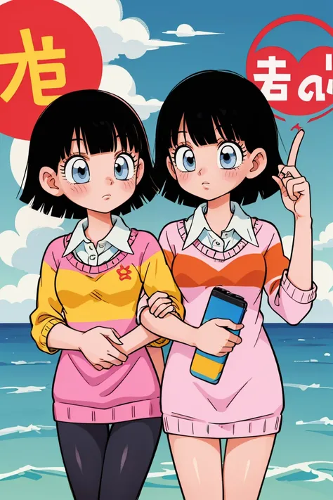 (masterpiece, best quality), 1girl, <lora:adultvidel_v0_2_prod:1> videl, 1girl, black hair, blue eyes, short hair|| pink sweater dress, black leggings, red strip, white collared shirt