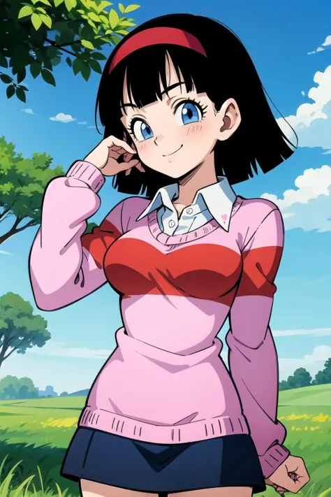 young videl, 1girl, solo, black hair, (blue eyes), medium breasts,hand on own cheek,hand up, smile,pink sweater dress, red strip, black skirt,short hair,red hairband, white collared shirt,(blue sky),blush,tree,grass, (best quality, masterpiece) <lora:adultvidel_v1:1>