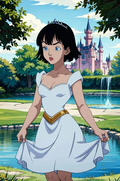 inusen,videl, 1girl, solo, black hair, blue eyes, cowboy shot,princess, princess dress, tiara, castle in the background, moat, tree, grass, flower,short hair, (best quality, masterpiece) , <lora:adultvidel_v1:1> <lora:inusen_v1:1>
