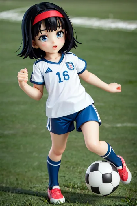 videl, 1girl,AS-YoungestV2, solo, black hair, blue eyes, full body,playing soccer, soccer field,soccer uniform, grass,white t-shirt with a number, white shorts,short hair, red hairband,(soccer ball:1.2), (best quality, masterpiece) , <lora:adultvidel_v1:1>