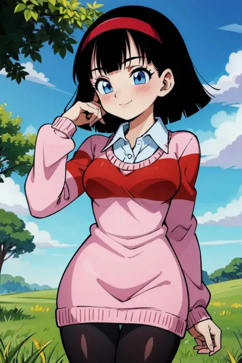 young videl, 1girl, solo, black hair, (blue eyes), medium breasts,hand on own cheek,hand up, smile,pink sweater dress, red strip, legs touching, no pants,short hair,red hairband, white collared shirt,(blue sky),blush,tree,grass, (best quality, masterpiece) <lora:adultvidel_v1:1>