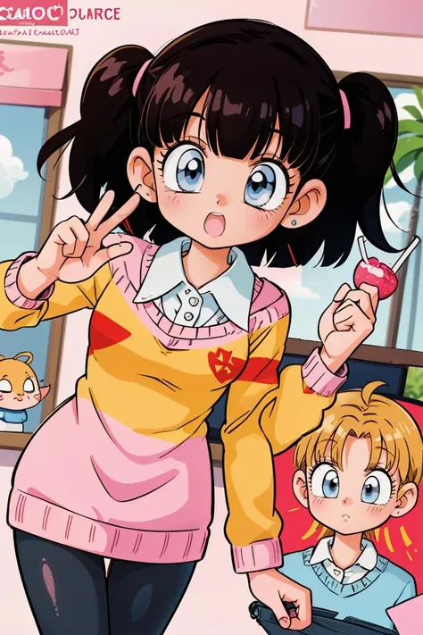 (masterpiece, best quality), 1girl,   <lora:adultvidel_v0_2_prod:1> videl, 1girl, black hair, blue eyes, short hair|| pink sweater dress, black leggings, red strip, white collared shirt