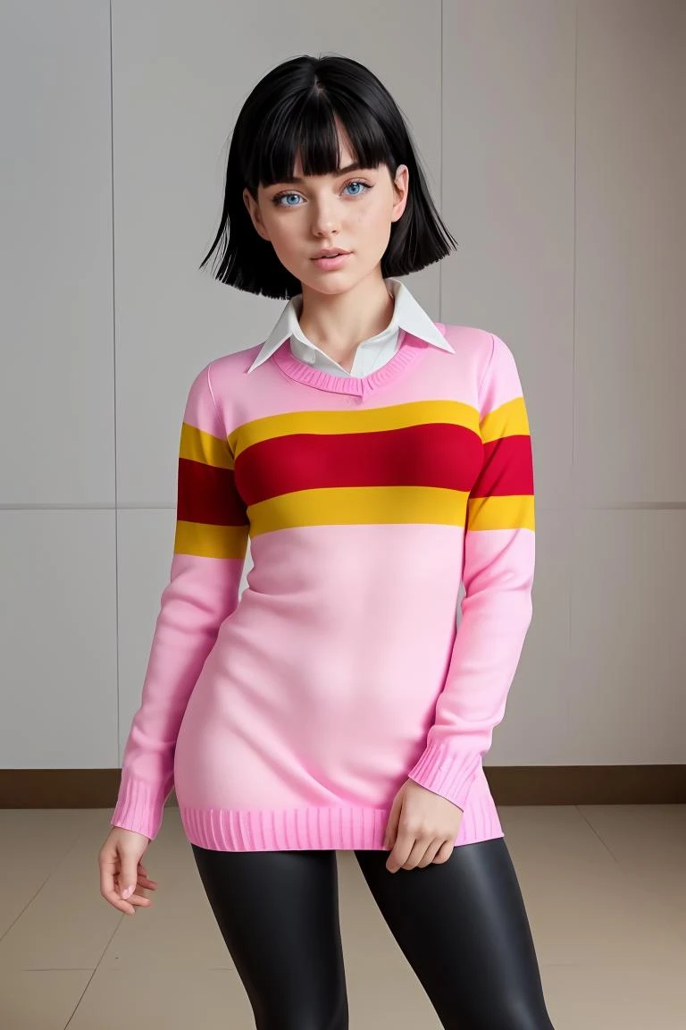 (masterpiece, best quality), 1girl, <lora:adultvidel_v0_2_prod:1> videl, 1girl, black hair, blue eyes, short hair|| pink sweater dress, black leggings, red strip, white collared shirt