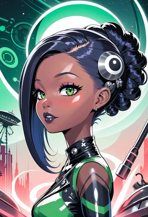 japanese american fusion pop art illustration, urban background BREAK punk sweet girl, 1girl, cute, full body, [:seductive, revealing costume design,:0.2], official art, (dark skin:1.3), bombshell punk hair, dark indigo hair, twin drills,Victorian Updo, studio bright forest green lighting , welcoming, 1girl, warlock, muted gray hair, Side Part, in an gothic, frostpunk alien space ship, on a frostpunk, fantasy cliff, bombshell hair, peach hair with black highlights, Ombre Hair, carrying over shoulder<lora:EnvyPopArtXL01-e-000014:1.5:1.5:lbw=ALL>