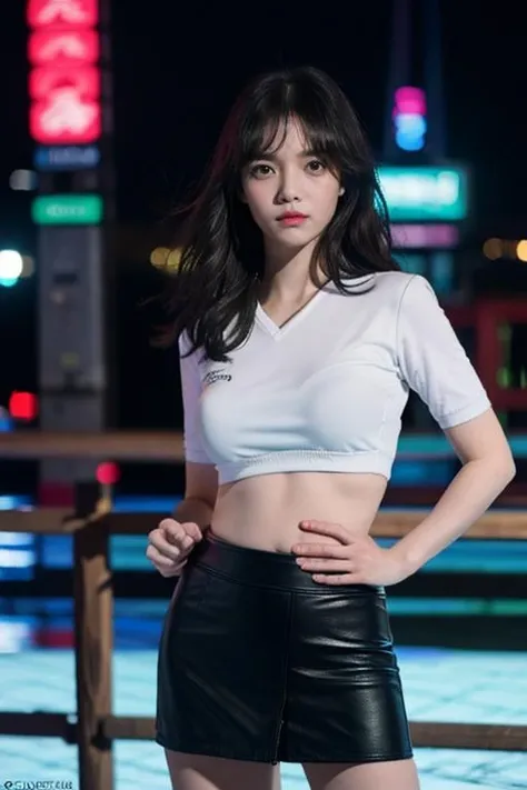 Fujifilm XT3, 8k,close up photo, masterpiece, best quality, (((1girl))), solo,realistic, ((looking at viewer)), photorealistic, (extremely detailed face), looking at viewer, ultra-detailed eyes and pupils, ultra detailed, serious expression, standing against a city skyline at night, cropped top,shirts, Suit skirt, ((navel)), <lora:jiminlorashy:1>