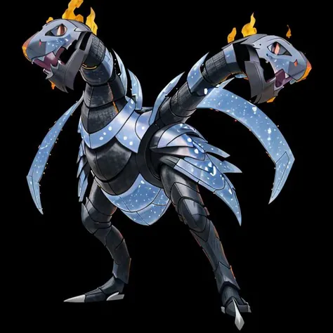pokemon, pkmn, Malvalame, Ceruledge, fire type, ghost type, tall, humanoid, serious, (on two legs), (two arms), black and dark purple blue legs and arms, black helmet, blue flame on it's head, (black armor, armor plates), impressive, vivid eyes, determined, serious, ((holding large blades)), level two, <lora:pkmn-25:1>