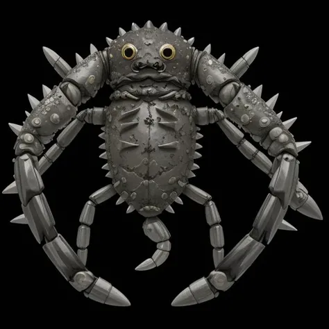 pkmn character, ((baby crab with a rock on it's head pkmn)) ((best quality)),
solo, full body, (((concept, drawing, Undd))), (claws), belt, armor, knife, mask, monster, alien, demon, shoulder spikes, arm blade, (((spikes, ring chains, chains)))
<lora:pkm_undead05:2>