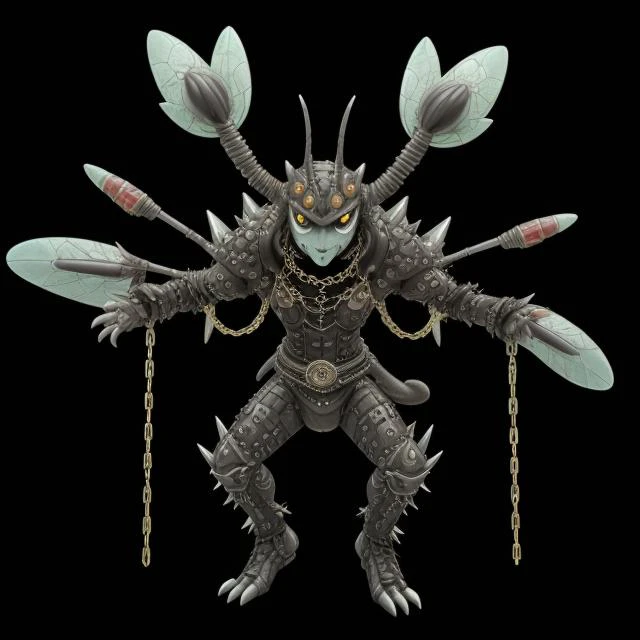 ((pkmn character)), (two big eyes, cute), ((best quality)),
solo, full body, (((concept, drawing, Undd))), (claws), armor, mask, ((bug, antennae)), shoulder spikes, (((spikes, ring chains))), black background,
<lora:pkm_undead05:1>