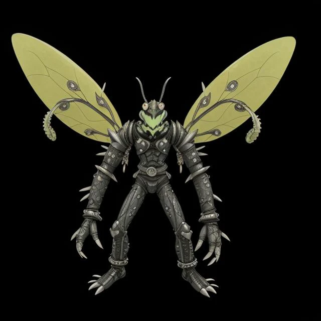 ((pkmn character)), (two big eyes, cute), ((best quality)),
solo, full body, (((concept, drawing, Undd))), (claws), armor, mask, ((bug, antennae)), shoulder spikes, (((spikes, ring chains))), black background,
<lora:pkm_undead05:2>