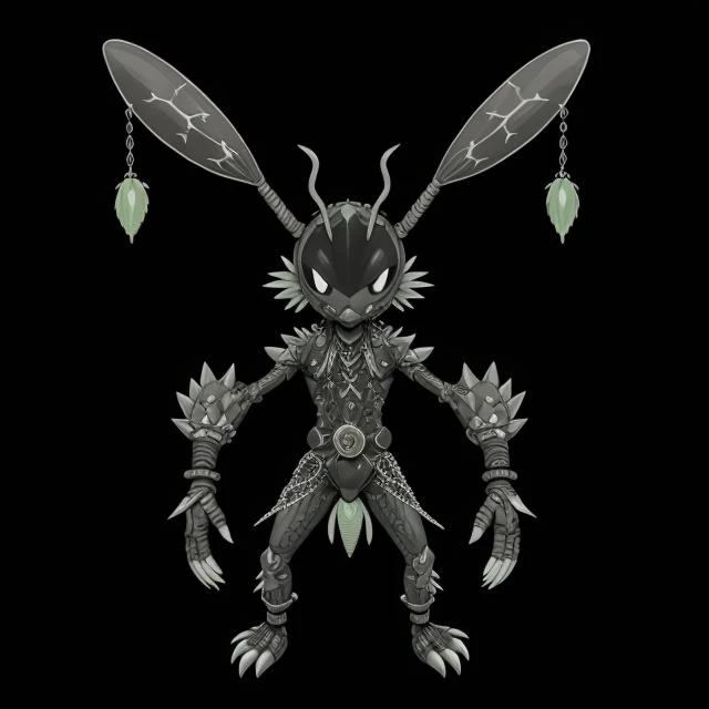 ((pkmn character)), (two big eyes, cute), ((best quality)),
solo, full body, (((concept, drawing, Undd))), (claws), armor, mask, ((bug, antennae)), shoulder spikes, (((spikes, ring chains))), black background,
<lora:pkm_undead05:2>