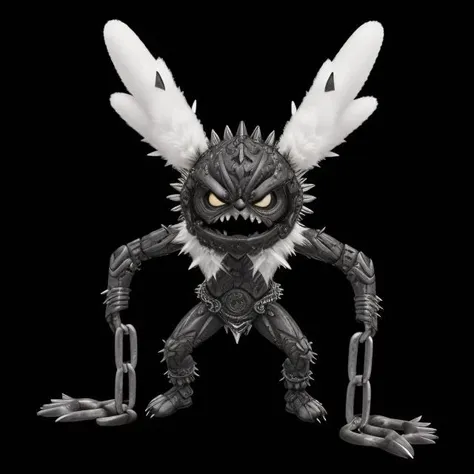 pkmn character, (((very small cute animal, happy))), ((standing)), (((fluffy))), (((white))), ((best quality))
solo, full body, (((concept, drawing, Undd))), (claws), belt, armor, monster, alien, demon, shoulder spikes, (((spikes, ring chains, chains)))
<lora:pkm_undead05:2>