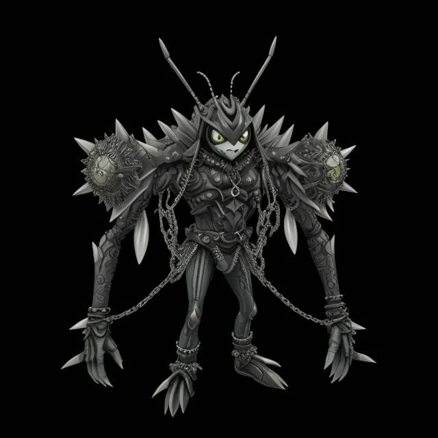 ((pkmn character)), (two big eyes, cute), ((best quality)),
solo, full body, (((concept, drawing, Undd))), (claws), armor, mask, ((bug, antennae)), shoulder spikes, (((spikes, ring chains))), black background,
<lora:pkm_undead05:2>