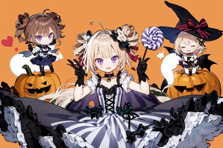 best quality, masterpiece, extremely detailed, detailed background, best quality, masterpiece, extremely detailed, detailed background, 1girl, candy, purple eyes, hair ornament, gloves, multiple boys, halloween, flower, holding food, black gloves, long hair, holding, ghost, blonde hair, animal ears, brown hair, dress, black cat, orange background, blue hair, short sleeves, jack-o'-lantern, ghost costume, puffy short sleeves, halloween costume, chibi, puffy sleeves, bow, striped, red hair, witch hat, skirt, wings, broom, rose, hat, looking at viewer, bangs, red eyes, striped skirt, jewelry, holding candy, hair bow, broom riding, choker, cat, blush, holding vegetable, hair flower, frills, wolf ears, rabbit ears, heart, earrings, holding lollipop, halloween bucket, swirl lollipop, purple flower, white skirt, 4girls, hair rings, smile, open mouth, ahoge, cape, cross, closed eyes, double bun, pumpkin, black choker, twintails, black flower, shirt, simple background, vertical stripes, very long hair, wolf tail, collar, vertical-striped skirt