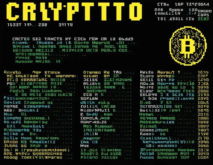 teletext page with header text "CRYPTO" showing a bunch of gold coins, rows of text and numbers, info service. <lora:teletext2-c40-nr32-a8-1e4-sdxl1:1>