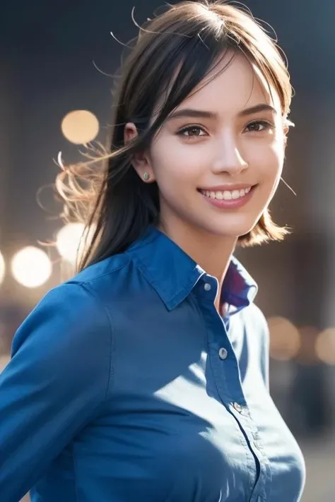 1girl,(wearing a blue blouse:1.2),(RAW photo, best quality), (realistic, photo-realistic:1.4), masterpiece, an extremely delicate and beautiful, extremely detailed, 2k wallpaper, Amazing, finely detail, extremely detailed CG unity 8k wallpaper, ultra-detailed, highres, soft light, beautiful detailed girl, extremely detailed eyes and face, beautiful detailed nose, beautiful detailed eyes,cinematic lighting,city lights at night,perfect anatomy,slender body,smiling <lora:takizawakaren_lora:0.7>