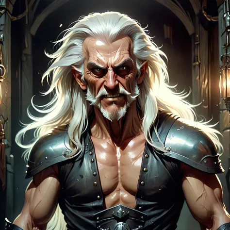 <lora:DonMD4rkT00nXL:1> DonMD4rkT00ns, old man, muscular, 70 year old, crazy happy, angry unstable, intense look, long white hair, medieval Cronenberg, dungeon, fitness, studded leather armor, 8k ultra detailed, alphonse mucha, Donatio Giancola