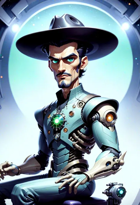 DonMD4rkT00nXL painting male astroecologist, biomechanical being- harmoniously blend mechanical and organic elements, adorned with glowing circuitry, early twenties builky, berber, deep blue eyes, angular jaw, hollow cheeks, low forehead, diamond face shape, dali mustache , emerald green comb-over hair, delight, striking a pose while navigating through galactic adventures., wearing graphene thread chrono displacement print vibrant levitating wrap skirt, cyber-silk dress shirt, electromagnetic work boots, carbon-fiber cowboy hat, , sitting in a cockpit with hands on controls, focused on the mission., space elevator lights, controversial ai-led medical procedures and enhancements, led displays, space station interiors, central command and control hub <lora:DonMD4rkT00nXL-000008:1>