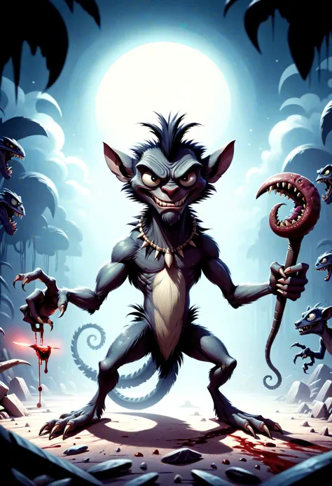 DonMD4rkT00nXL cartoon ramanga, creature from Madagascar, consumes blood and nails,  living servants of royalty, associated with taboo and fear, enigmatic, fearsome, concealed,wide skies,hydraulics,survival,bucolic,poorly illuminated,teamwork,Darkened  <lora:DonMD4rkT00nXL-000008:1>