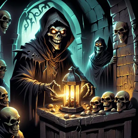 HDR, high resolution, extreme detail, 1undead vendor selling his ancient and powerful artefacts inside a corner of an old dungeon,smiling out of his dark hood,glowing eyes,<lora:DonMD4rkT00nXL:0.8>,DonMD4rkT00nXL,metallic luster,