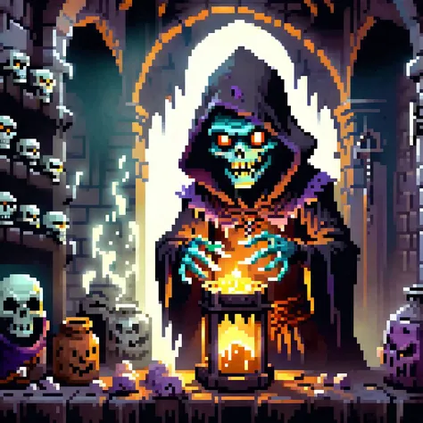 HDR, high resolution, extreme detail, 1undead vendor selling his ancient and powerful artefacts inside a corner of an old dungeon,smiling out of his dark hood,glowing eyes,<lora:DonMD4rkT00nXL:0.8>,DonMD4rkT00nXL,metallic luster,