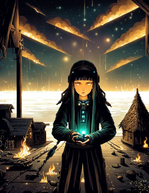 masterpiece, awesome quality, hyper detailed, DonMD4rkT00ns ,painting, female interstellar trader, hundred years old, firm, greek, hazel eyes, sunken cheeks, , salt and pepper blunt bangs hair, disapproval,
asserting control over a fascinating and unfamiliar alien life form.,
wearing electroluminescent palazzo pants, electromesh fabric dark robotic blouse, , striking a pose with perfect mechanical alignment and posture., celestial time anomaly observatory, thatch roofing roof,insulated concrete forms, bioluminescent fungi, flame lights, <lora:DonMD4rkT00ns-000006:0.8>