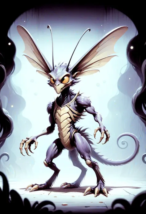 DonMD4rkT00nXL 2D illustration average playful hive-like spacious fungoid soul, bipedal trimanual, furry appendages, prehensile-tailed, smooth skin, dark wings, <lora:DonMD4rkT00nXL-000008:1>