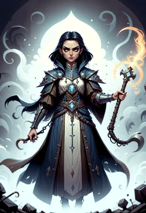 DonMD4rkT00nXL 2D illustration female chalonian, cleric, flail <lora:DonMD4rkT00nXL-000008:1>