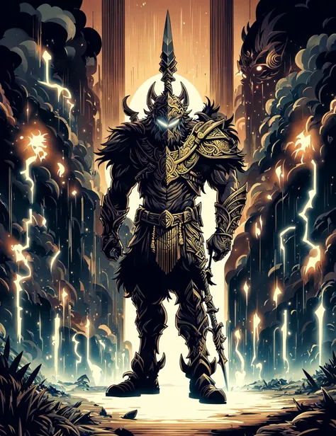 masterpiece, awesome quality, hyper detailed, DonMD4rkT00ns ,2D illustration, male polis massan, energy manipulator,, wooden spear, <lora:DonMD4rkT00ns-000006:0.8>