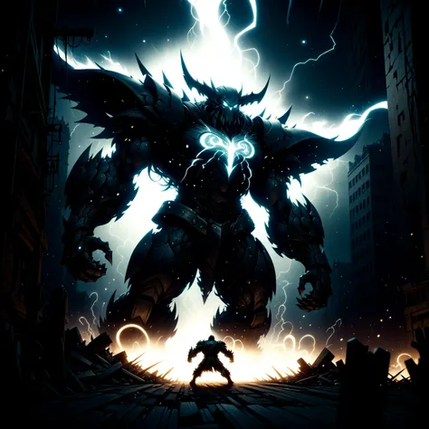 realistic anime art style, realistic art style breathtaking 1golem jumping,fractal art,A stunning feed stomp between tall buildings in the city,crumbling buildings,massive storm of light particles,in the style of structured chaos,unique yokai illustrations,largescale murals,ornate complexity,vivid energy,<lora:add-detail-xl:0.8>,<lora:RMSDXL_Darkness_Cinema:1>,<lora:RMSDXL_Enhance:1>,runic engraved glowing symbols on armor,lightning strikes the back of the golem,<lora:DonMD4rkT00nXL:0.8>,DonMD4rkT00nXL,landscape,dynamic_angle,rim light, . award-winning, professional, highly detailed