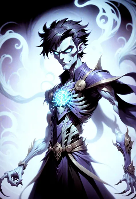 Un hombre con cabello largo azul,with a white darkwave-style trench coat with silver details and a golden devil mask,Estilo Darkwave,retrato de medio cuerpo,centrado
