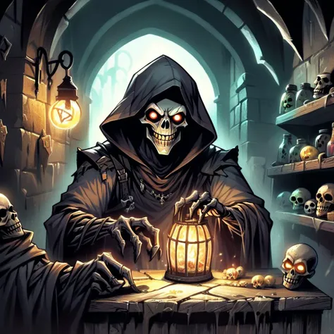 HDR, high resolution, extreme detail, 1undead vendor selling his ancient and powerful artefacts inside a corner of an old dungeon,smiling out of his dark hood,glowing eyes,<lora:DonMD4rkT00nXL:0.8>,DonMD4rkT00nXL,