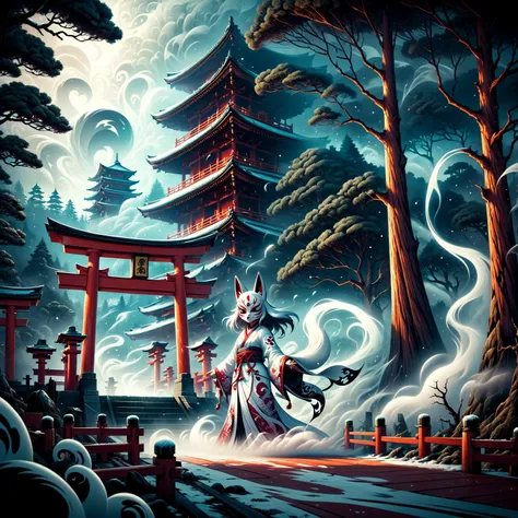 realistic anime art style, realistic art style breathtaking 1girl ghost with fox mask standing on top of a torii overlooking the temple,fractal art,clouds between tall trees,fog,wind particles,vivid chaos,unique yokai illustrations,largescale torii,ornate complexity,vivid energy,<lora:add-detail-xl:0.8>,<lora:RMSDXL_Darkness_Cinema:1>,<lora:RMSDXL_Enhance:1>,<lora:DonMD4rkT00nXL:0.8>,DonMD4rkT00nXL,panorama,red,day,winter,aerial, . award-winning, professional, highly detailed