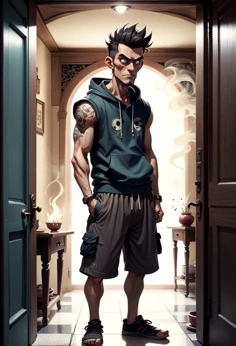 DonMD4rkT00nXL ghibli male hundred years old compact, east asian, steel gray eyes, round chin with cleft, plump cheeks, unique face shape, , dark chestnut faux hawk hair, disapproval wearing Loungewear Shorts, sleeveless hoodie, , peeking from behind a door, peering from behind a slightly ajar door, creating an air of secrecy and allure, ethereal lighting, soft and otherworldly light, ideal for fantasy and romantic elements, a warm kitchen, with the scent of home-cooked meals and laughter of loved ones, clubhouse, fan,table lamp, marble stone,weft interlock tapestry,terrazzo flooring, fire pit,moonlight, cove lighting <lora:DonMD4rkT00nXL-000008:1>