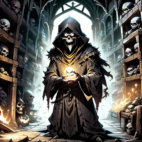 mysterious, fantasy, dark fantasy, 3D rendering, anime HDR, high resolution, extreme detail, 1undead vendor selling his ancient and powerful artefacts inside a corner of an old dungeon,smiling out of his dark hood,glowing eyes,<lora:DonMD4rkT00nXL:0.8>,DonMD4rkT00nXL,