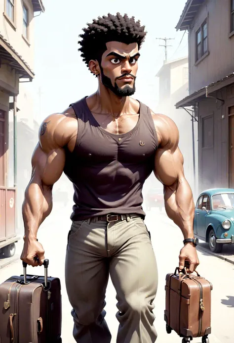 DonMD4rkT00nXL ghibli male early twenties curvaceous, afro-caribbean, gray eyes, high jawline, soft cheeks, prominent forehead, rectangular face shape, , brunette flat top hair, rage wearing corduroy pants, muscle tank, chukka boots, trolley bag (with wheels) , one hand raised, seeking attention <lora:DonMD4rkT00nXL-000008:1>