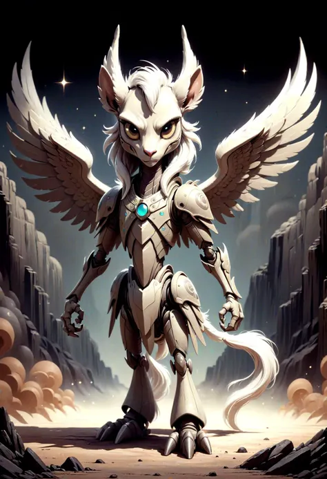 DonMD4rkT00nXL ghibli pegasus, small humanoid being, large pointed ears, brown earth toned simple tattered clothing, subservient humble demeanor, large expressive eyes, magical, loyalty, dedication, strong sense of duty, welcoming,mysterious,wellness,lava <lora:DonMD4rkT00nXL-000008:1>
