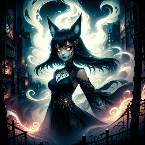realistic anime art style, realistic art style breathtaking 1girl ghost with fox mask roaming the city,fractal art,A stunning cloudy emergeing between tall buildings in the city,fog,wind particles,in the style of structured chaos,unique yokai illustrations,largescale murals,ornate complexity,vivid energy,<lora:add-detail-xl:0.8>,<lora:RMSDXL_Darkness_Cinema:1>,<lora:RMSDXL_Enhance:1>,<lora:DonMD4rkT00nXL:0.8>,DonMD4rkT00nXL,landscape,dynamic_angle,rim light, . award-winning, professional, highly detailed