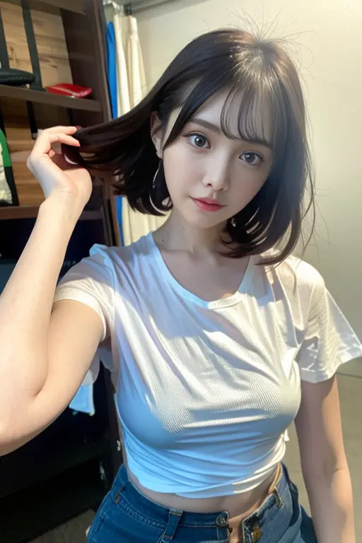 8k, best quality, ultra realistic,(photorealistic:1.37),high res,1girl, (t-shirt:1.5),(floating hair:1.3), (skindentation), (professional lighting),(huge breasts:1.2),ultra-detailed,(shiny skin:1.25),(plump:1.25), (blouse:1.35), (light particles, lens flare, glowing particles:0.6),(floating hair:1.2),(dynamic pose:1.15), specular lighting, soft lighting, sunlight, looking at viewer, (small head:1.47), <lora:Arina:1>, pureerosface_v1