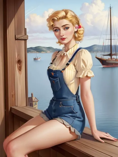 ((SFW)), 4K, UHD, Extremely detailed portrait art, 
[ Elizabeth Debicki | Tamzin Merchant ],   pair of overalls with a ruffled or lace-trimmed blouse, and a pair of ankle boots or clogs , shipyard  scenery, 
 by  Alberto Vargas <lora:Alberto_Vargas_Pinup_Style:0.6>