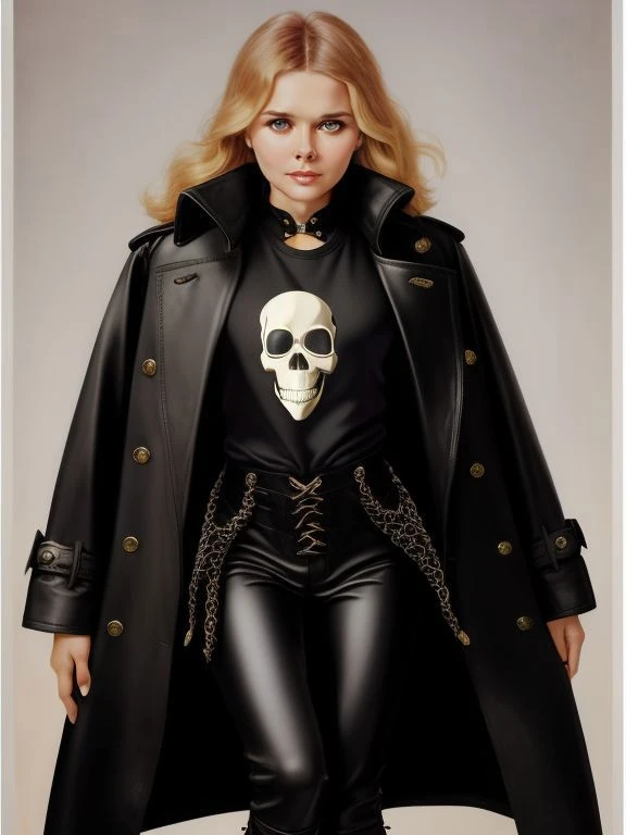 ((SFW)), 4K, UHD, Extremely detailed portrait art, 
[ Candice Bergen | Elizabeth Olsen ],   long black trench coat, skull-print t-shirt, leather pants, and lace-up boots , shore  , 
 by  Alberto Vargas <lora:Alberto_Vargas_Pinup_Style:0.7>