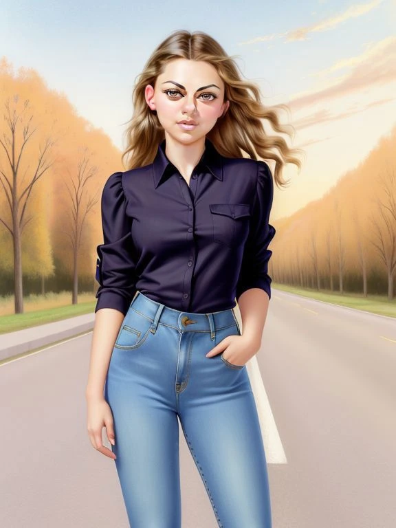 ((SFW)), 4K, UHD, Extremely detailed portrait art, 
[ Mila Kunis | Jordyn Jones ],   collared shirt or blouse tucked into high-waisted jeans or corduroys, paired with a pair of oxfords or loafers and a pastel cardigan , highway  scenery, 
 by  Alberto Vargas <lora:Alberto_Vargas_Pinup_Style:0.7>