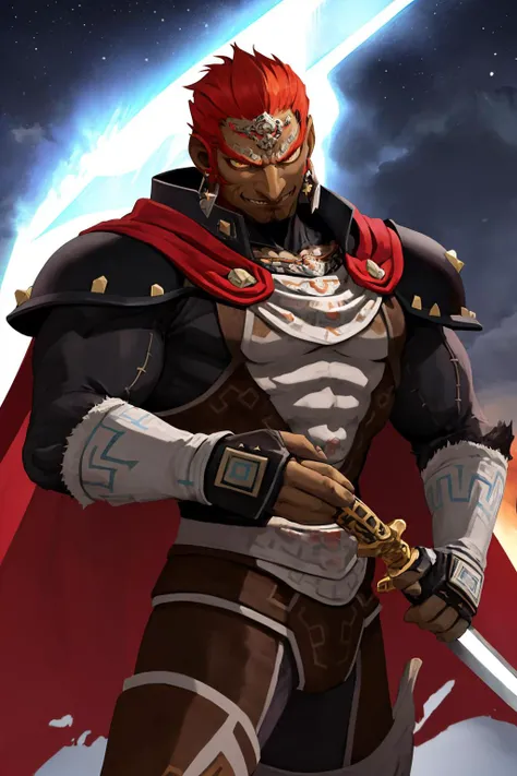 masterpiece, best quality, male focus, solo, <lora:ganondorf-nvwls-v1:0.8> ganondorf, dark skin, earrings, cape, armor, armored legwear, evil smile, shaded face, darkness, dark, night, dark, holding sword, huge sword, two-handed sword, huge weapon, black iron sword, knight, (sword infront of face:1.3)
