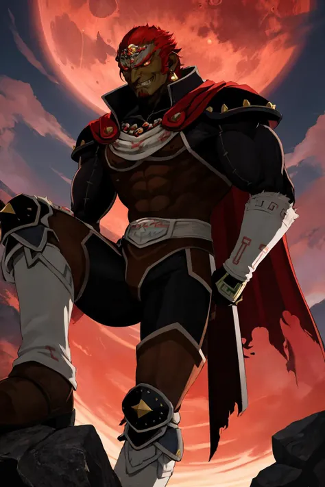 masterpiece, best quality, male focus, solo, <lora:ganondorf-nvwls-v1:0.8> ganondorf, dark skin, earrings, cape, armor, armored legwear, evil grin, shaded face, darkness, dark, night, dark, dynamic pose, cinematic darkness, shading, shadow, shaded, looking down, from below, (red moon:1.2), dark sky, rock, foot up on rock, boots, prime evil